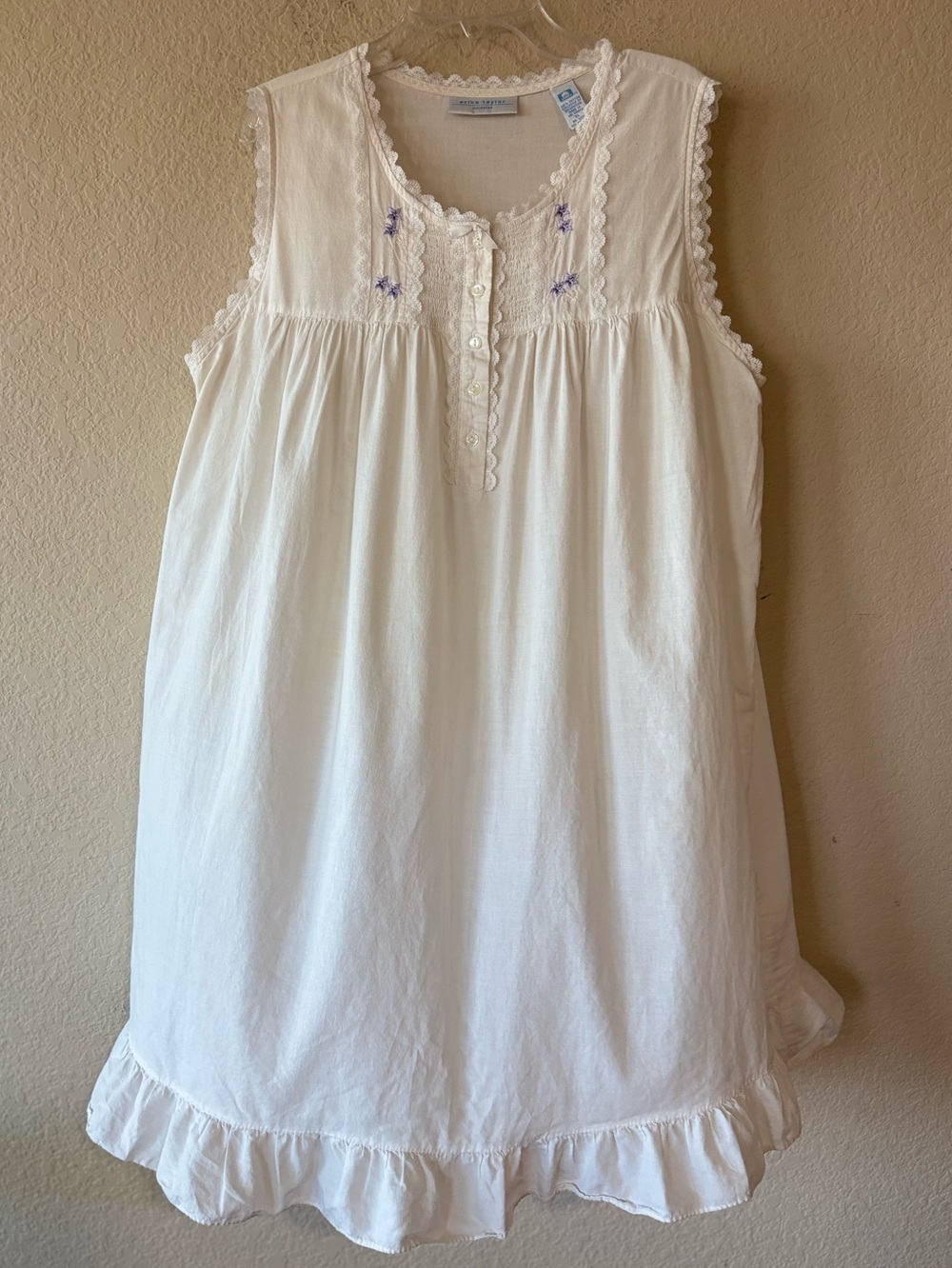 White Cotton Sleeveless Nightgown with Lavender Embroidery